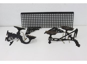 Black Cast-Iron On The Wall Trio:  2 Swivel-Mount Candleholders And A Reticulated Grid Shelf And Brackets
