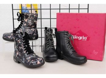 Two Pair Of Fabulous New Black Lace Up Boots - One Single Butterfly And One Covered In Flowers