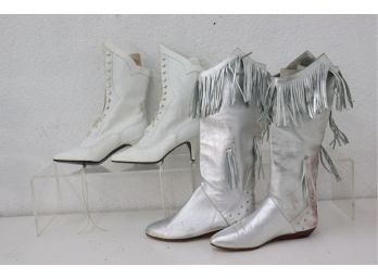 2 Pair Pointy Toes: Silver Tassled Boots And High Heeled Skater Lace Up Calf Boots