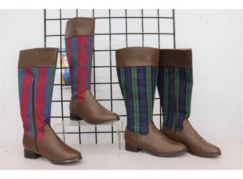 Two New Pairs Jeffrey Banks Plaid And Striped Rugged Sole Knee Boots -size 8