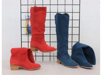 Two Pairs Twiggy Of London Suede Knee Boots, Red And Blue - Used, Previously Worn -size 8
