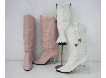 Heel Tall And Heel Small: 2 Pair Boots, Pastel Pink And Toe Cap White - Previously Worn