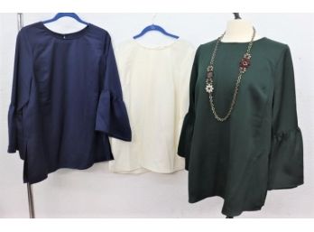 Three (3) Blanche Blue & Beige And Green Silk Tops NEW Size M/L