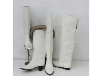 Italian Made: 3/4 Calf And Knee High White Boots - Size 8 And 8.5 (38.5 EUR) Previously Worn