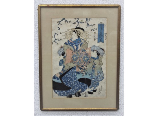 Vintage Japanese Woodblock Print Attributed To Yeisen, Framed Under Glass