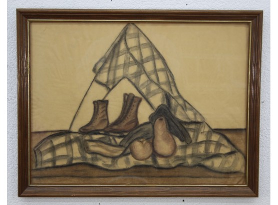 Fruit And Boots Still Life Drawing On Paper, Colored Pencil & Charcoal, Signed M. Baland