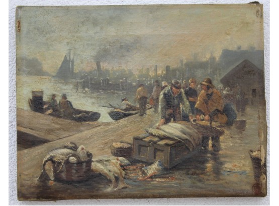 Harbor Fishmongers Market - Vintage Oil On Canvas,