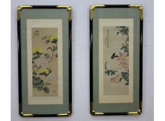 Butterflies And Flowers X 2: Vintage Sumi-e Print Two Panel Diptych. Matted Framed And Glazed