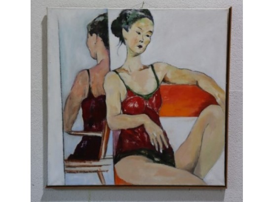 Seated Female In Mirror Portrait, Original On Canvas, Signed And Dated S.M. Chen 10-00