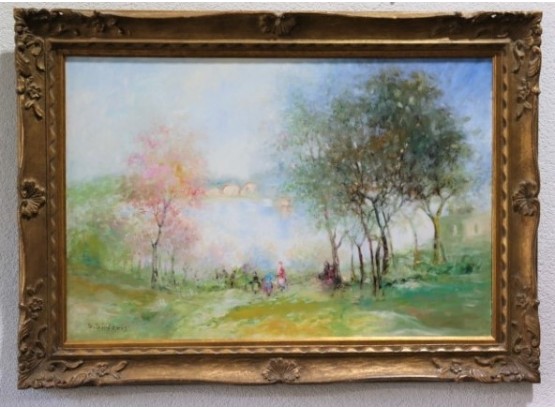 Neo-Impressionist Landscape With  Figures By  Stefanos Sideris, Oil On Canvas