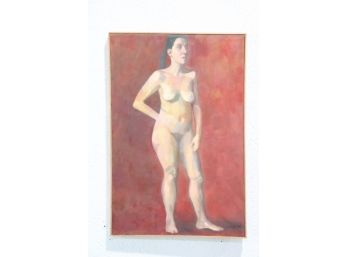 Standing Female Nude On Red, Original On Canvas, Signed And Dated S.M. Chen '95