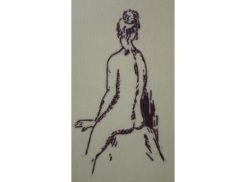 Degas-Inspired Female Nude Broken Line Portrait Needle Art, Violet Floss On Linen Canvas, Unsigned
