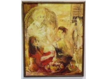 Mother, Children, And Fruit By Honey W. Kurlander, Original Oil On Canvas, Signed Lower Right