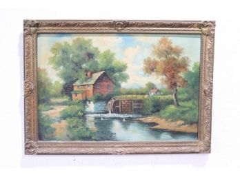 Farmstead Mill Landscape In Gesso Frame, Vintage Oil On Canvas, Significant Craqulure