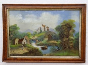 Windmills And Castles - Two Framed Verre Eglomises (Reverse Paintings On Glass) - One Has Long Diagonal Crack
