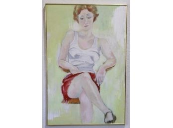 Red Skirt/White Tank Female Portrait, Original On Canvas, Signed And Dated S.M. Chen 7-00