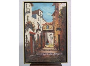 Narrow Streetscape To Sky, Original Oil On Canvas, Signed Ruiz