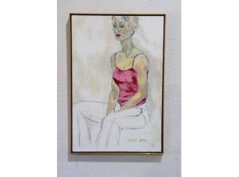 Ruby Tank And Lips Seated Female Portrait, Original On Canvas, Signed And Dated 3-02 SMC