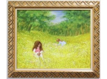 Girls/Yellow Vale, Original On Canvas,  Primitive Notched Wood Frame