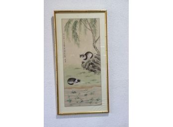 Japanese Pen, Colored In And Watercolor Wash On Paper,  Framed Vertical Nature Panel