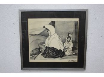 Framed Charcoal & Pencil Engraving Lithograph, Signed