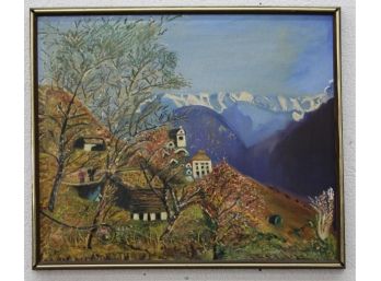 Alpine Village  Landscape, Original Oil On Canvas, Signed By Artist