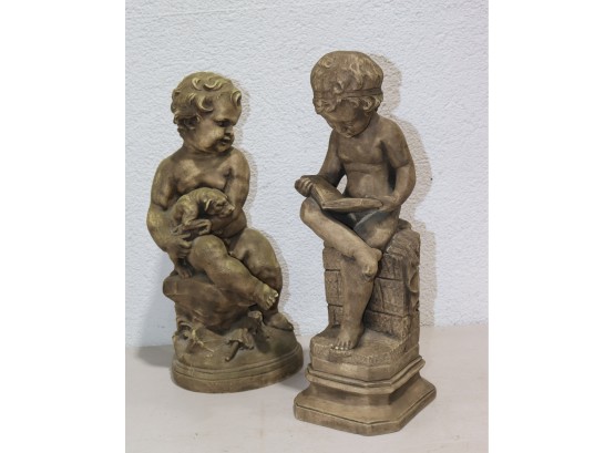 Two Putti Statuettes: Little Scholar After Canova And Boy Cradling Puppy, Both Composite/Resin