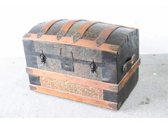 Distressed, Antiqued Decorative Dome Top Trunk - Wood, Leather, Pressed Metal