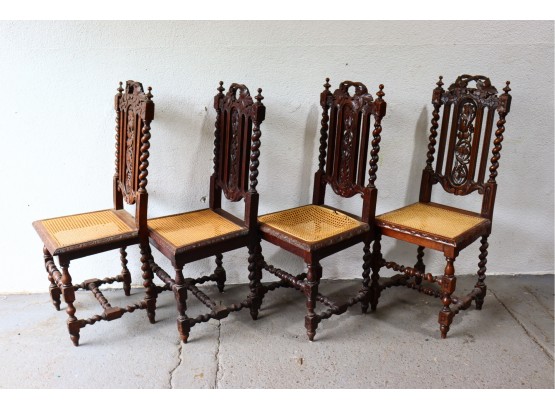 Four Cane Seat Rococo Style Barley Twist Dining Chairs - Some Cane Seat Damage Visible
