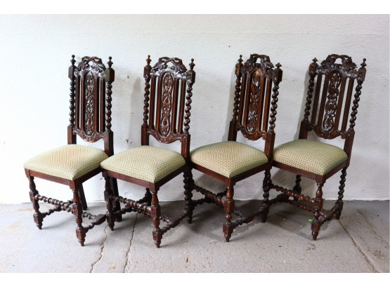 Four Upholstered Seat Rococo Style Barley Twist Dining Chairs - Some Chips And Marks To Wood Patterns