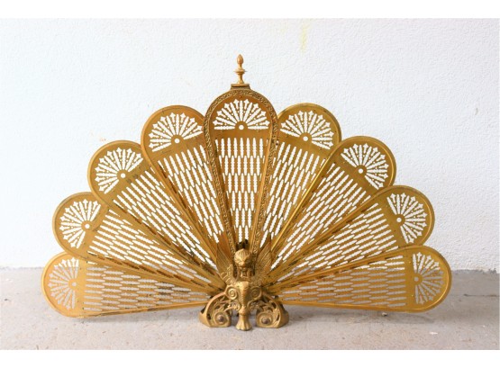 Hollywood Regency Style Brass Peacock Style Fireplace Screen - Gryphon Base  And Finial Handle