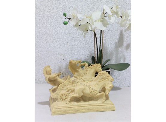 Four Horse Chariot  And Roman Rider Small Sculpture - Ivory Composite