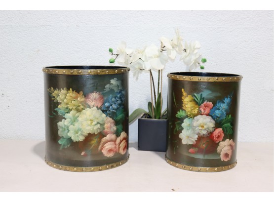 Two Decorative Floral Painted Wastepaper Baskets - Banded And Beaded Rims