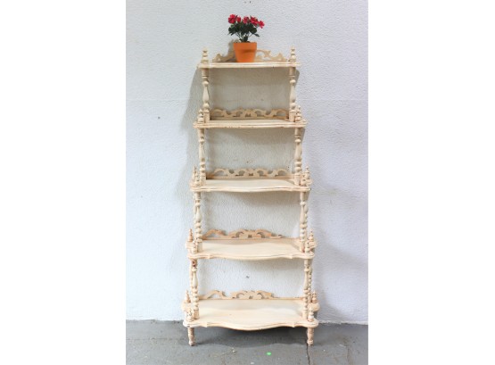 Turned Spindle Five Shelf Etagere In Antique White Painted Finish