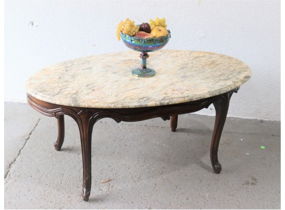 Peach Marble Oval Top Tea Table - Nouveau Inspired Frame And Sabre Legs