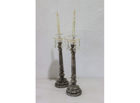 Elegant Faux Marble And Crystal Chess Pawn Candlestick Holders