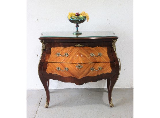 Marquetry & Ormolu: Bombe Front Louis XV Style Chest With Protective Glass Top (needs TLC)