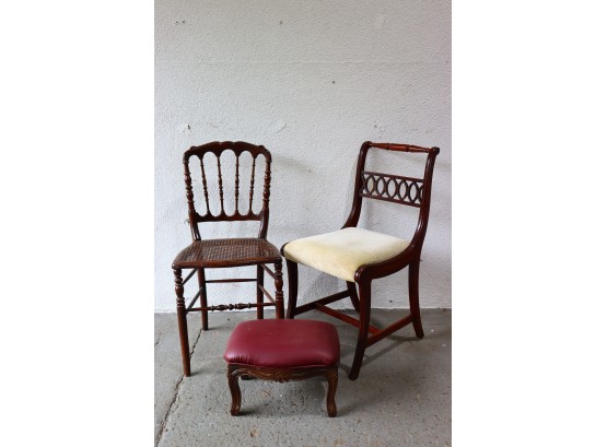 Two Chairs And A Footstool: Cane And Spindle Back, Horizontal Lattice Splat, And Early Groovy Maroon Foot Rest