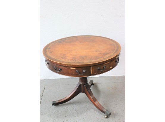 George III Style Drum Table On Three Splay Legs, Brass Paw Casters Two Working Drawers, Six False Drawers