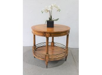 French Provincial Round Side Table - One Drawer And  Brass Lattice Galley On Lower Shelf