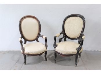 Pair Of Similar Cameo Back Rococo Revival Arm Chairs - Ebony With Wheels, Dark Brown Flat Leg