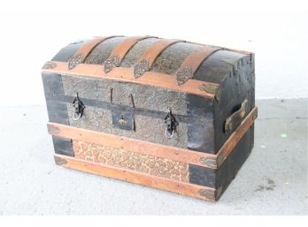 Distressed, Antiqued Decorative Dome Top Trunk - Wood, Leather, Pressed Metal
