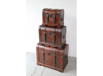 Trio Of Decorative Nesting British Colonial Style Trunks - Wood Body, Leather And Metal Hardware