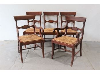 Gang Of Five: Empire-Influenced Dining Chairs, 2 With Arms And 3 Sides, Rush Seats Over Sabre Legs