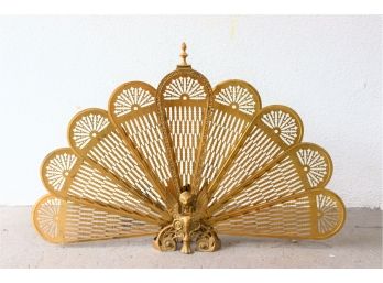 Hollywood Regency Style Brass Peacock Style Fireplace Screen - Gryphon Base  And Finial Handle