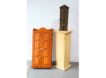 Cottagecore Cute Storage Trio - Double Door Tie Cabinet, 5 Shelf Pillar CD Tower,  And Tiny Brownstone Caisson