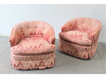 Pair Of Low And Wide  Swivel Tub Chairs In Tufted Vibrant Coral Ikat Upholstery