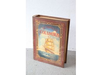 Oversize Wooden Faux Book Box - Travels Of Columbus Painted Spine And Cover