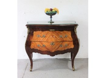Marquetry & Ormolu: Bombe Front Louis XV Style Chest With Protective Glass Top (needs TLC)