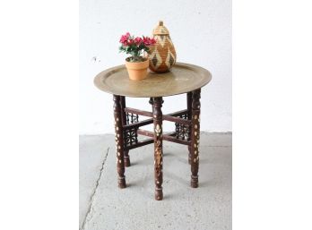 Engraved & Inlaid: Vintage Moroccan Moorish Brass Tray Table With Folding Hexagonal Base